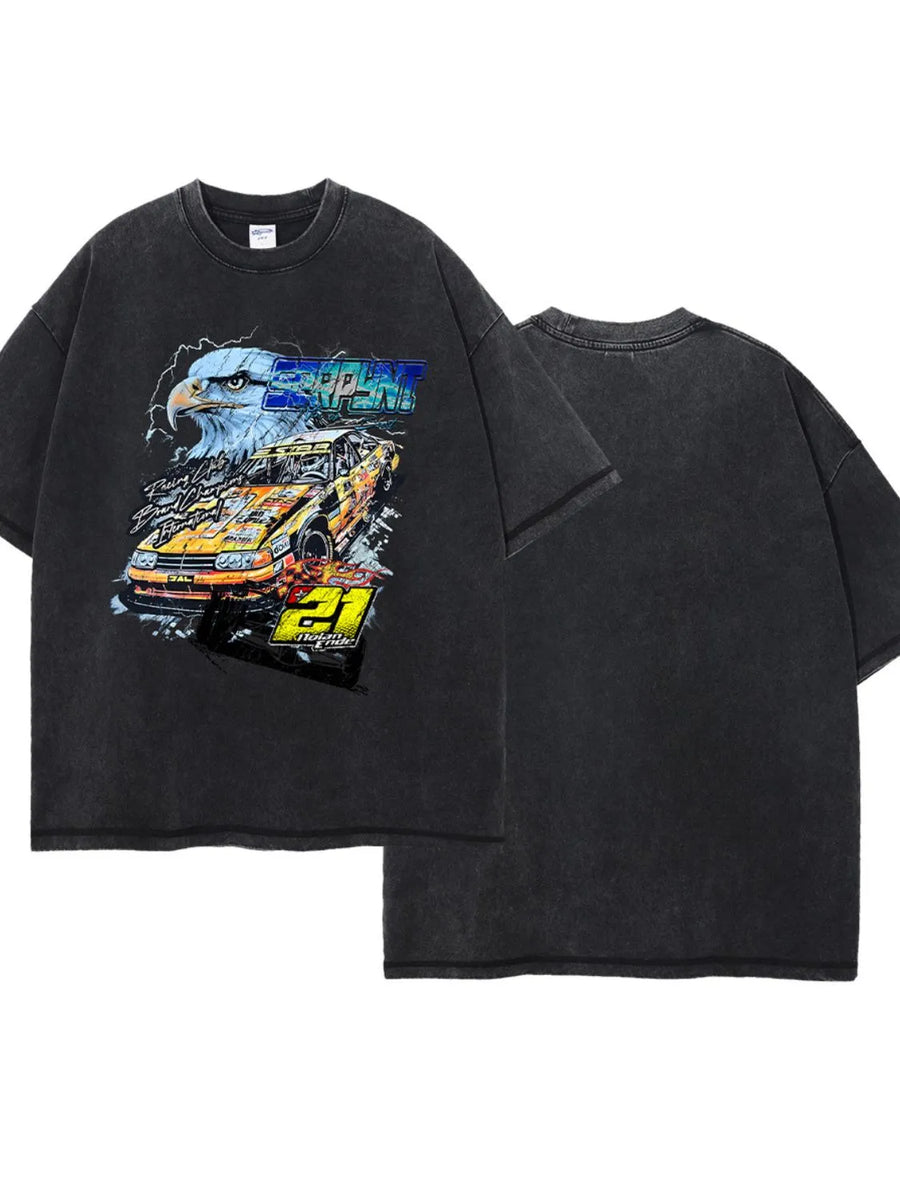 Black oversized tee with vintage race car and eagle graphic print