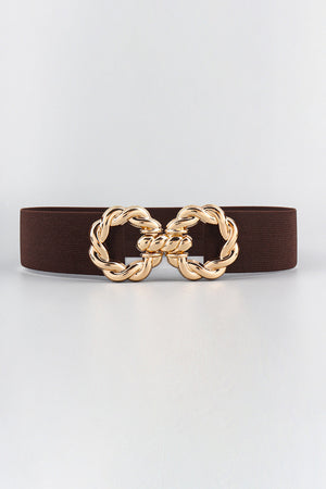 Chocolate braided stretch belt with gold double knot buckle