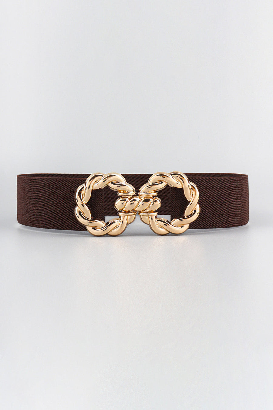 Chocolate braided stretch belt with gold double knot buckle