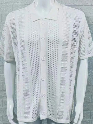 Ivory open-knit resort shirt with short sleeves and button front