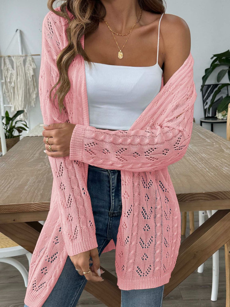 Pink openwork diamond knit duster cardigan with long sleeves and open front.