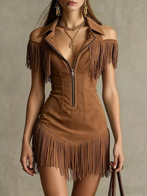 Brown fringed cold shoulder mini dress with zipper detail and collar