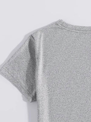 Gray polyester t-shirt with short sleeves and crew neck.