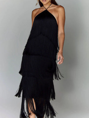 Black halter neck maxi dress with tiered fringe detail