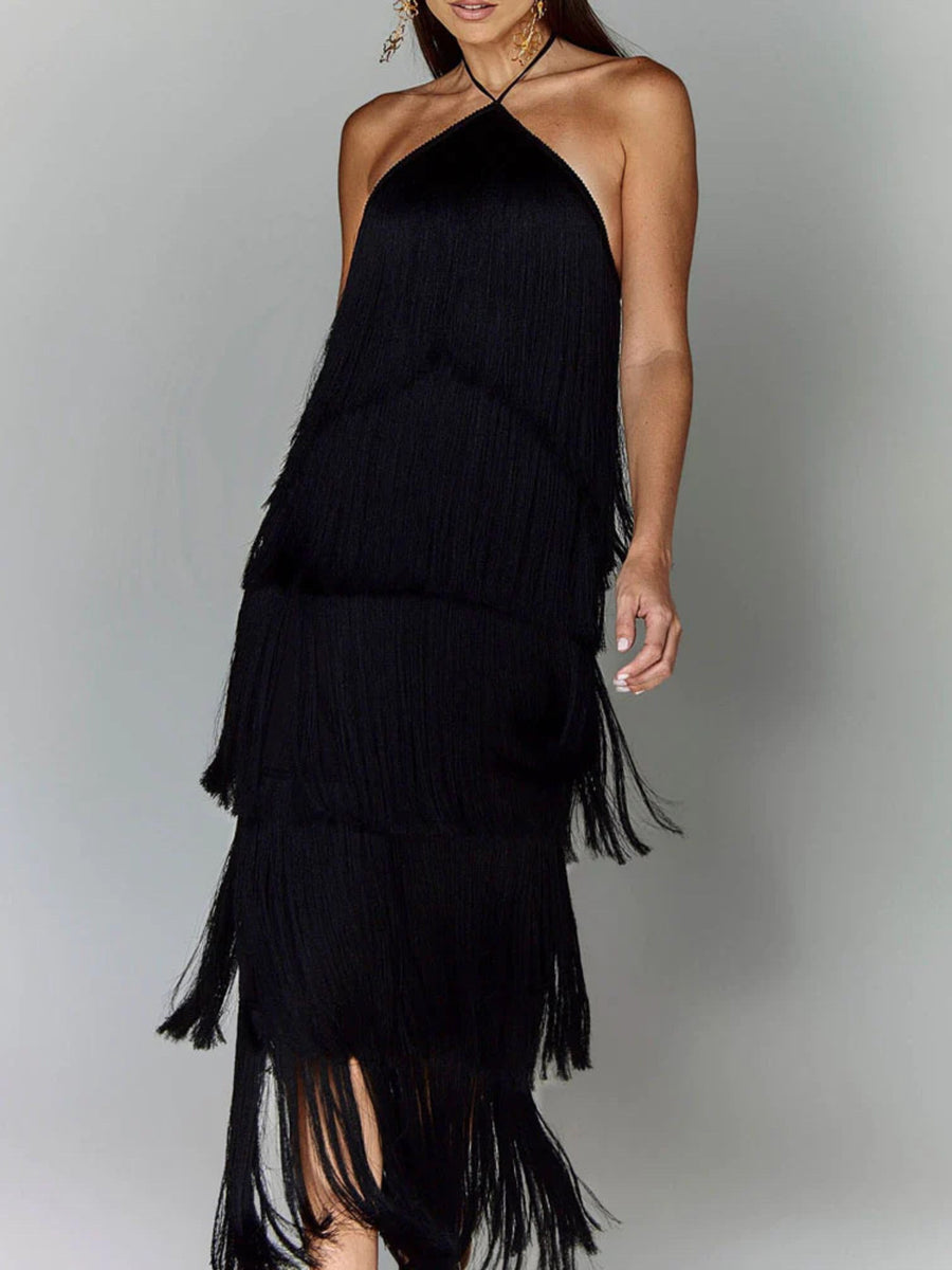 Black halter neck maxi dress with tiered fringe detail