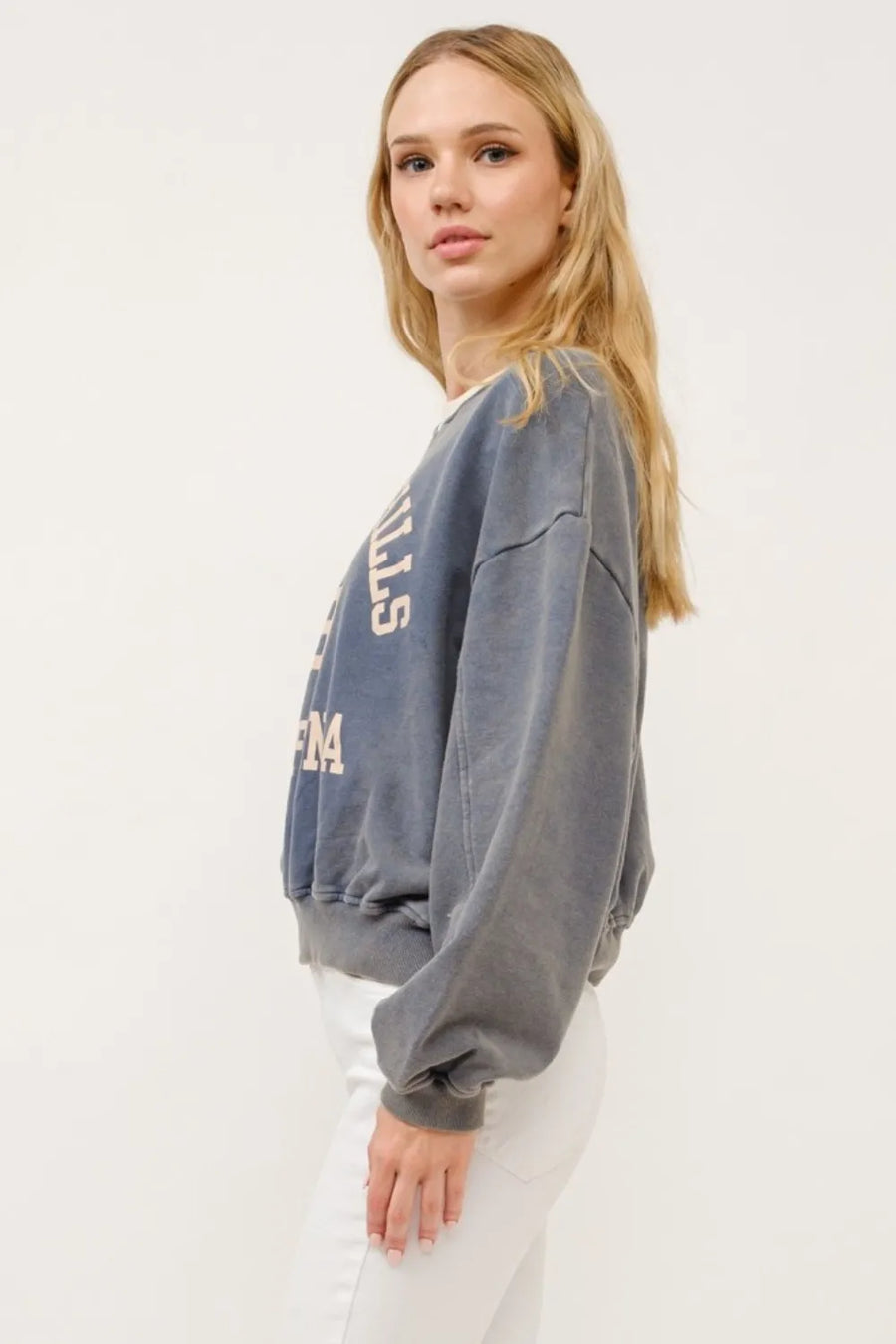 Beverly Hills graphic crop sweatshirt in stone with cream lettering, crewneck, and relaxed fit.