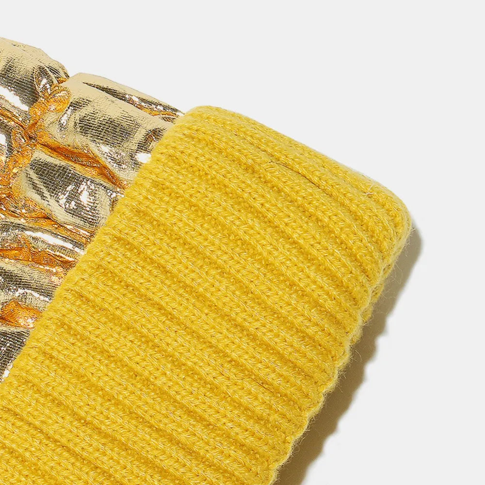 Metallic padded beanie with yellow ribbed cuff