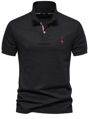Black piqué polo shirt with giraffe embroidery and striped collar detail.