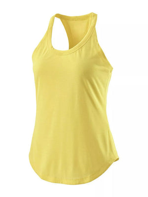 Yellow racerback tank top with a rounded neckline and curved hem