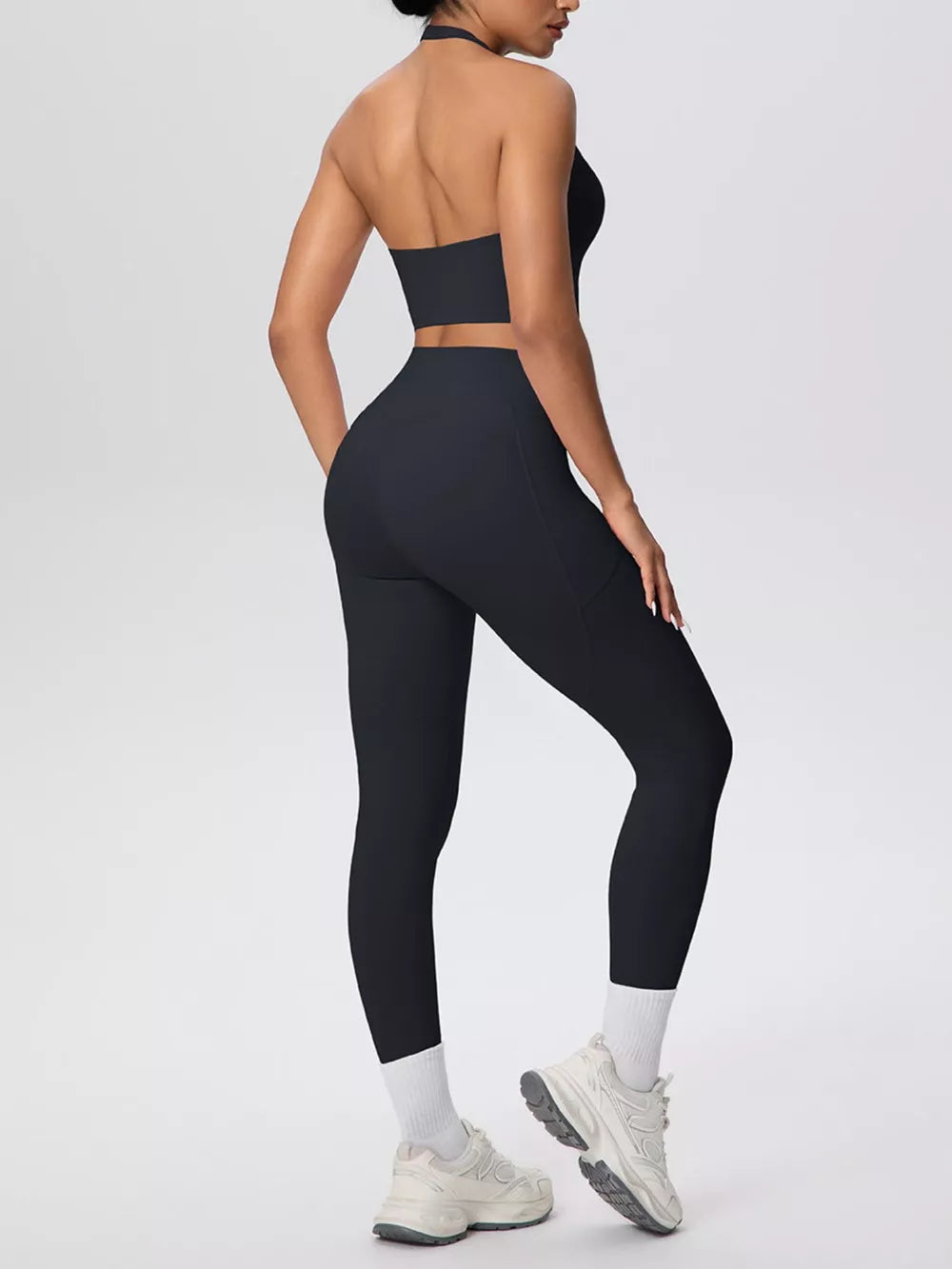 Halter Neck Crop Top And High-waisted Leggings Set in Blush Pink with pocketed