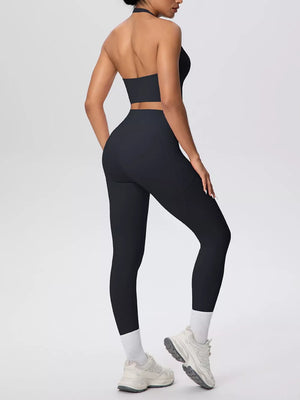 Halter Neck Crop Top And High-waisted Leggings Set in Blush Pink with pocketed