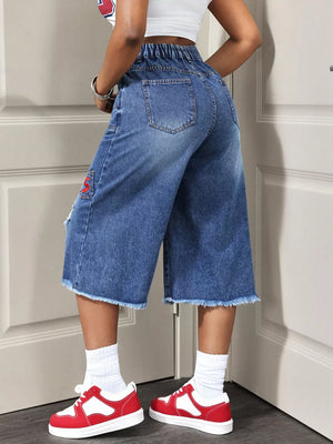 Distressed Wide-leg Denim Capris option 5
