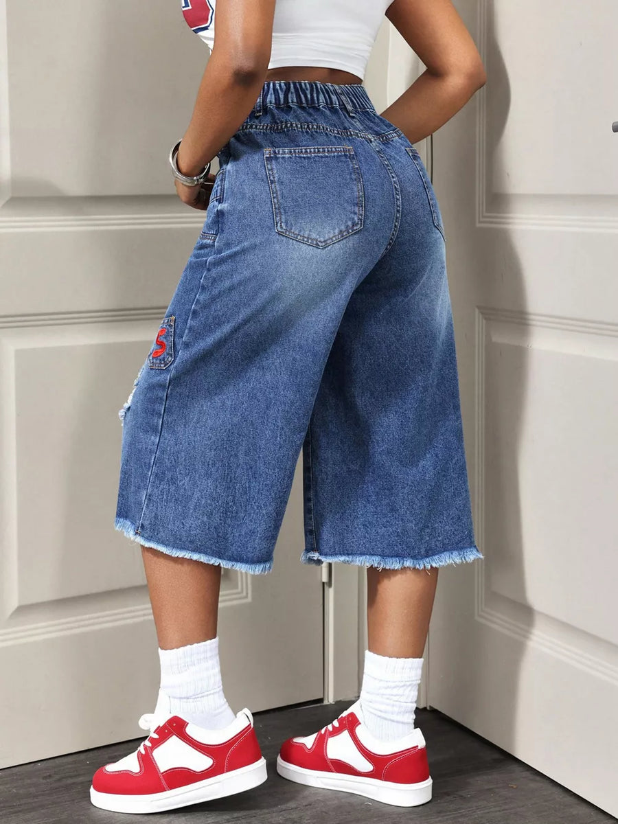 Distressed Wide-leg Denim Capris option 5