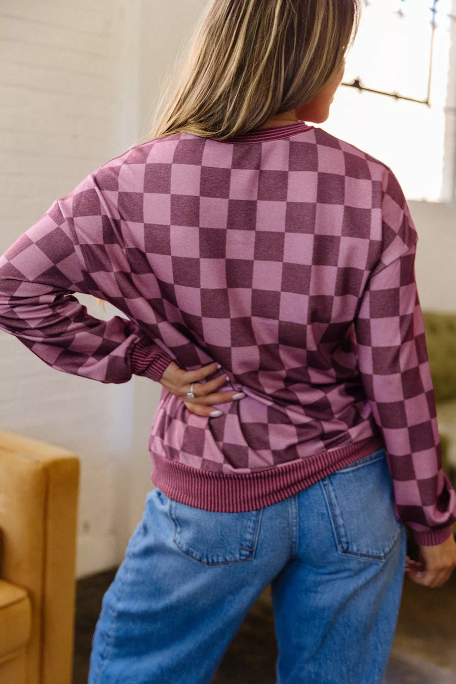 Ribbed Trim Checkered Pullover Shirt option 6