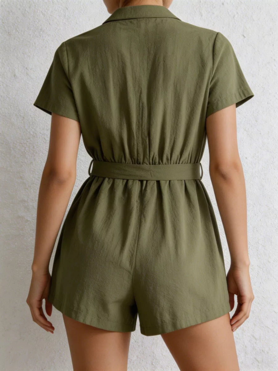 Olive green cotton collared romper with short sleeves and tie waist