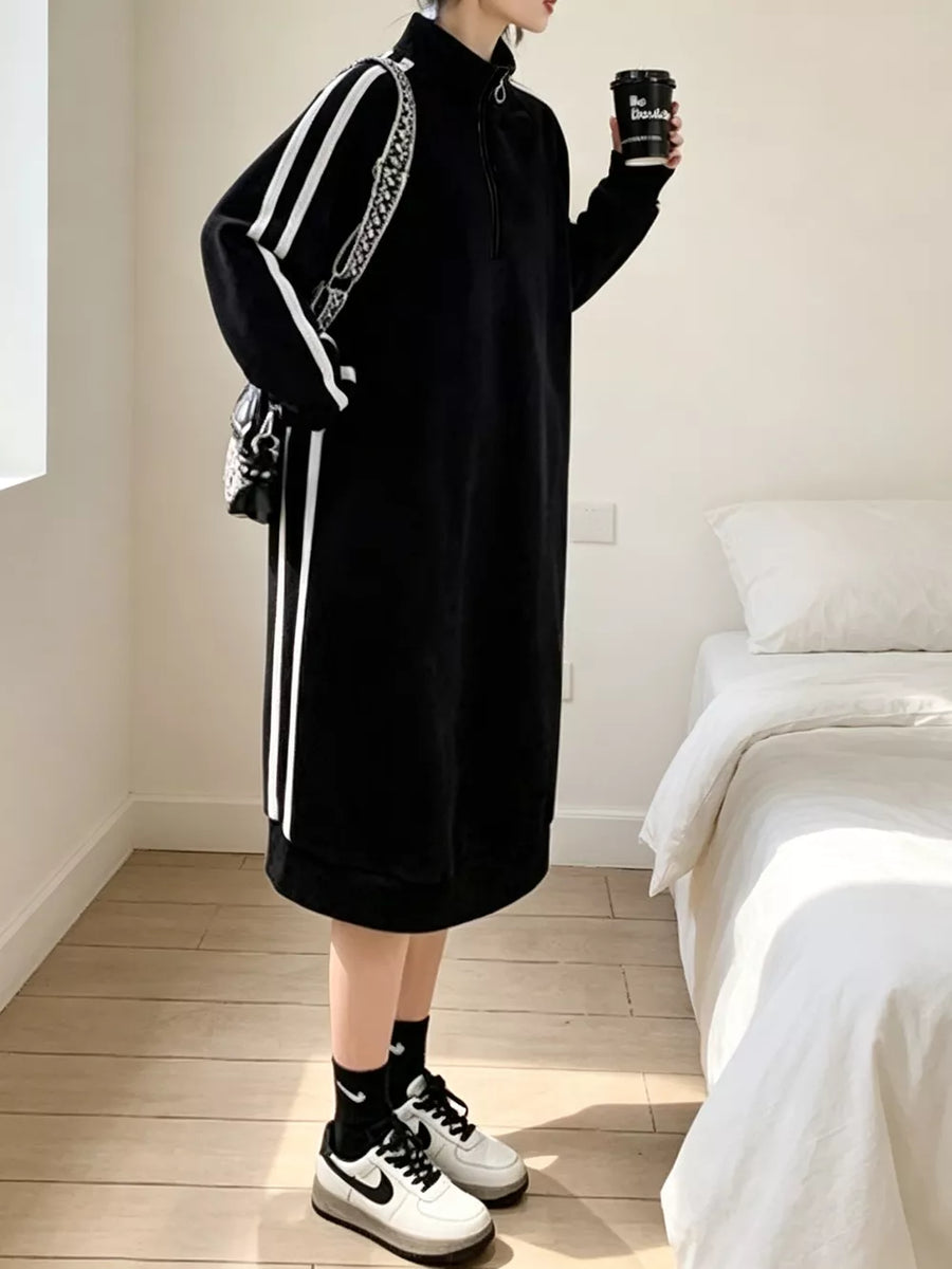 Black Casual Quarter-zip Mock Neck Midi Dress
