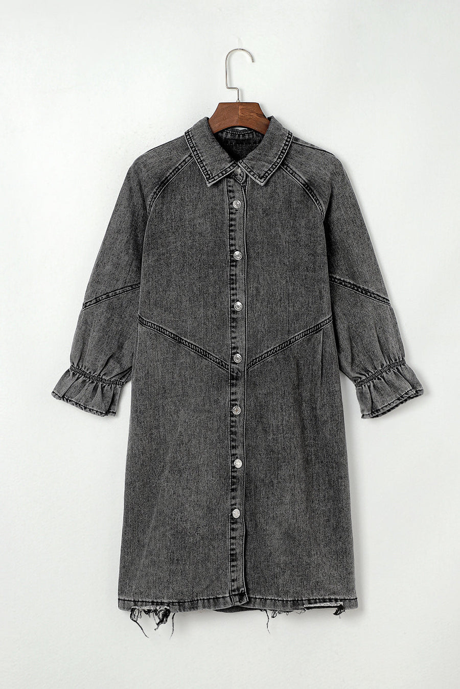 Gray denim shirtdress with ruffled cuffs and distressed hem