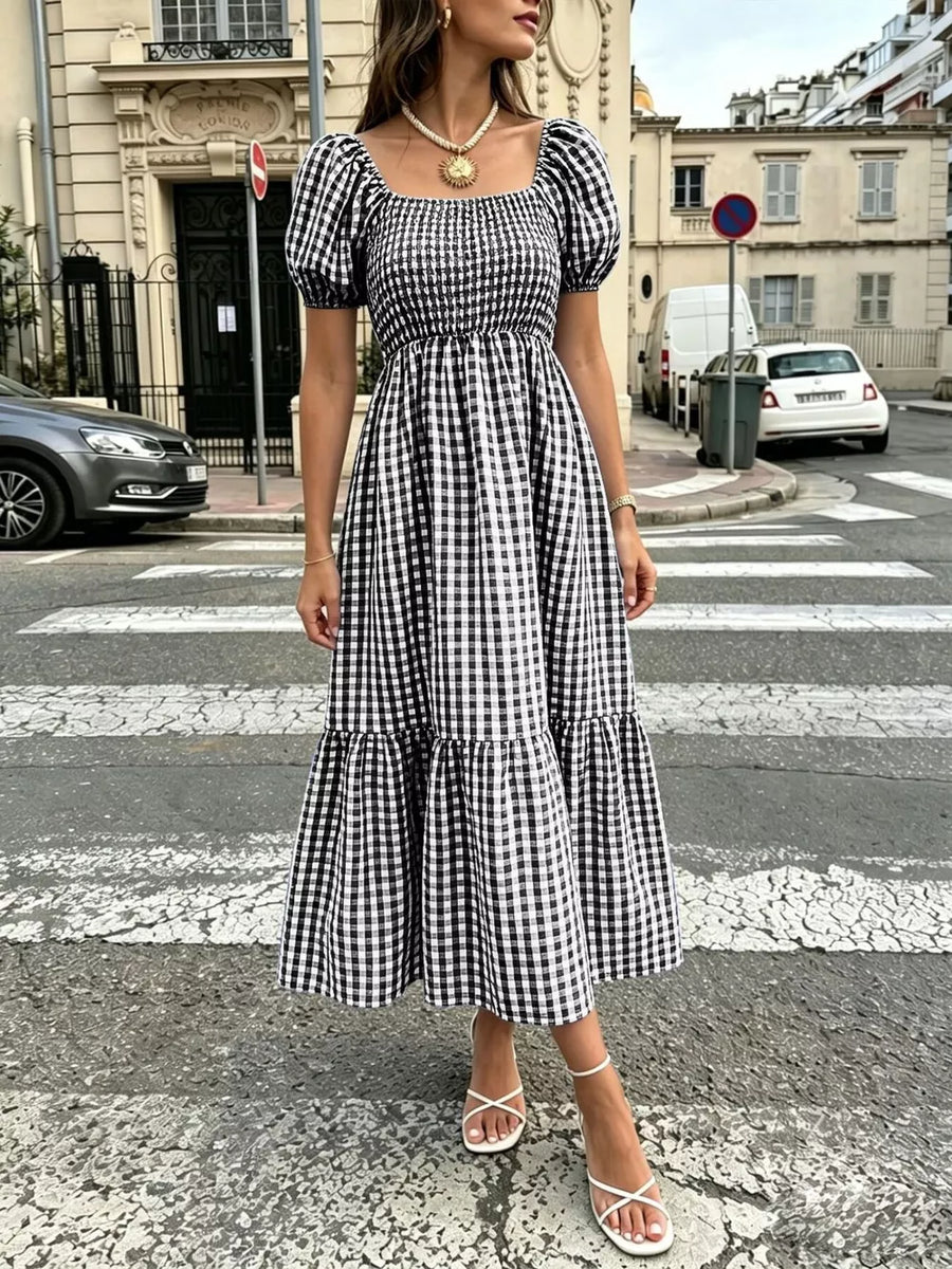 midi dress in sky blue with gingham and smocked
