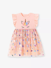 Peach unicorn dress with ruffled sleeves and tiered tulle skirt with iridescent polka dots.