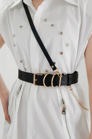 Black PU leather harness belt with gold chain detail and buckle.