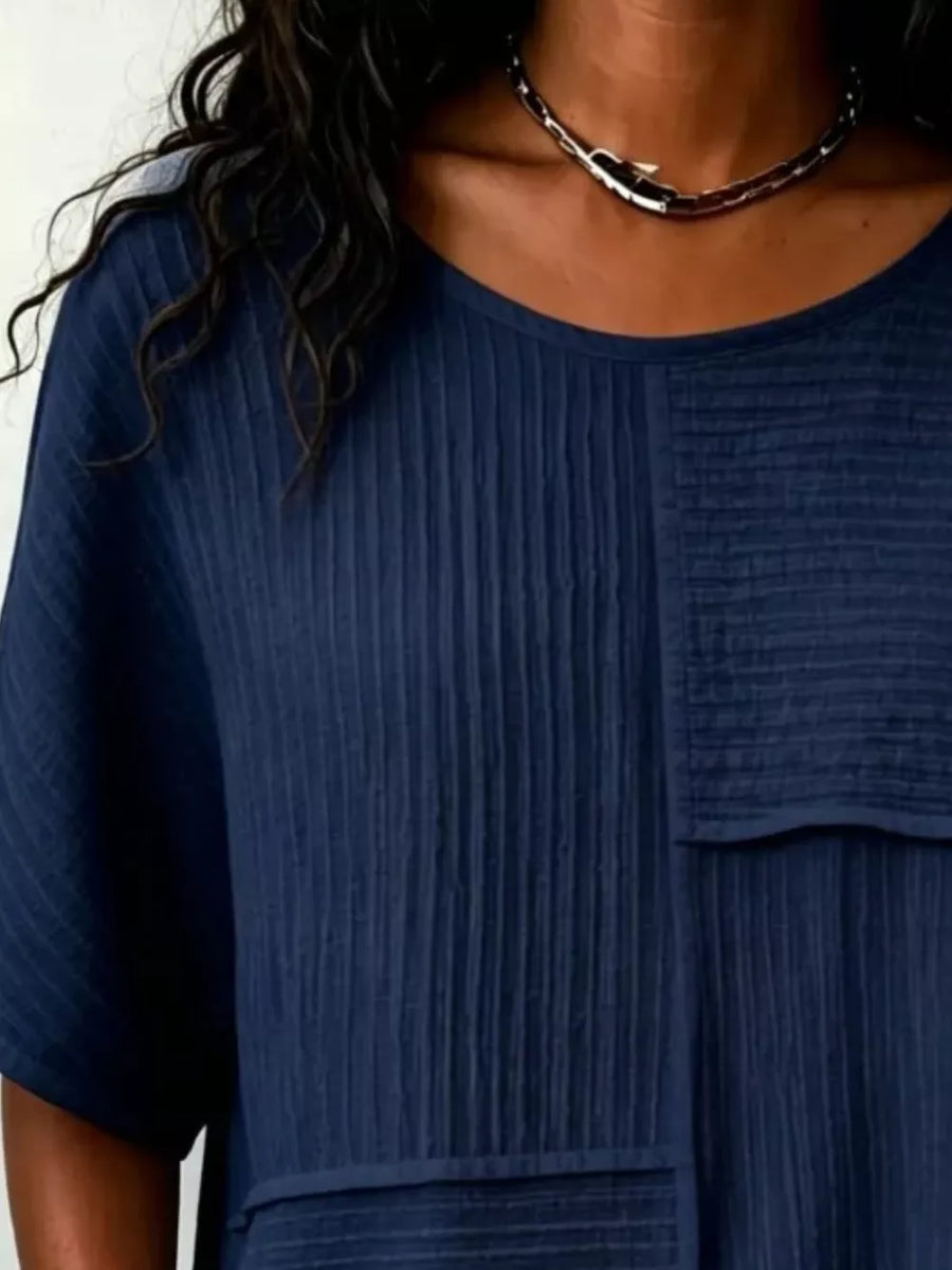 Full Size Texture Round Neck Half Sleeve Blouse in Army Green