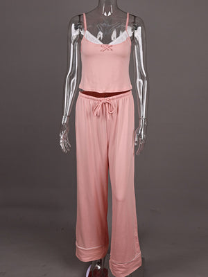 Pink lace trim cami and wide leg lounge pants set with bow detail
