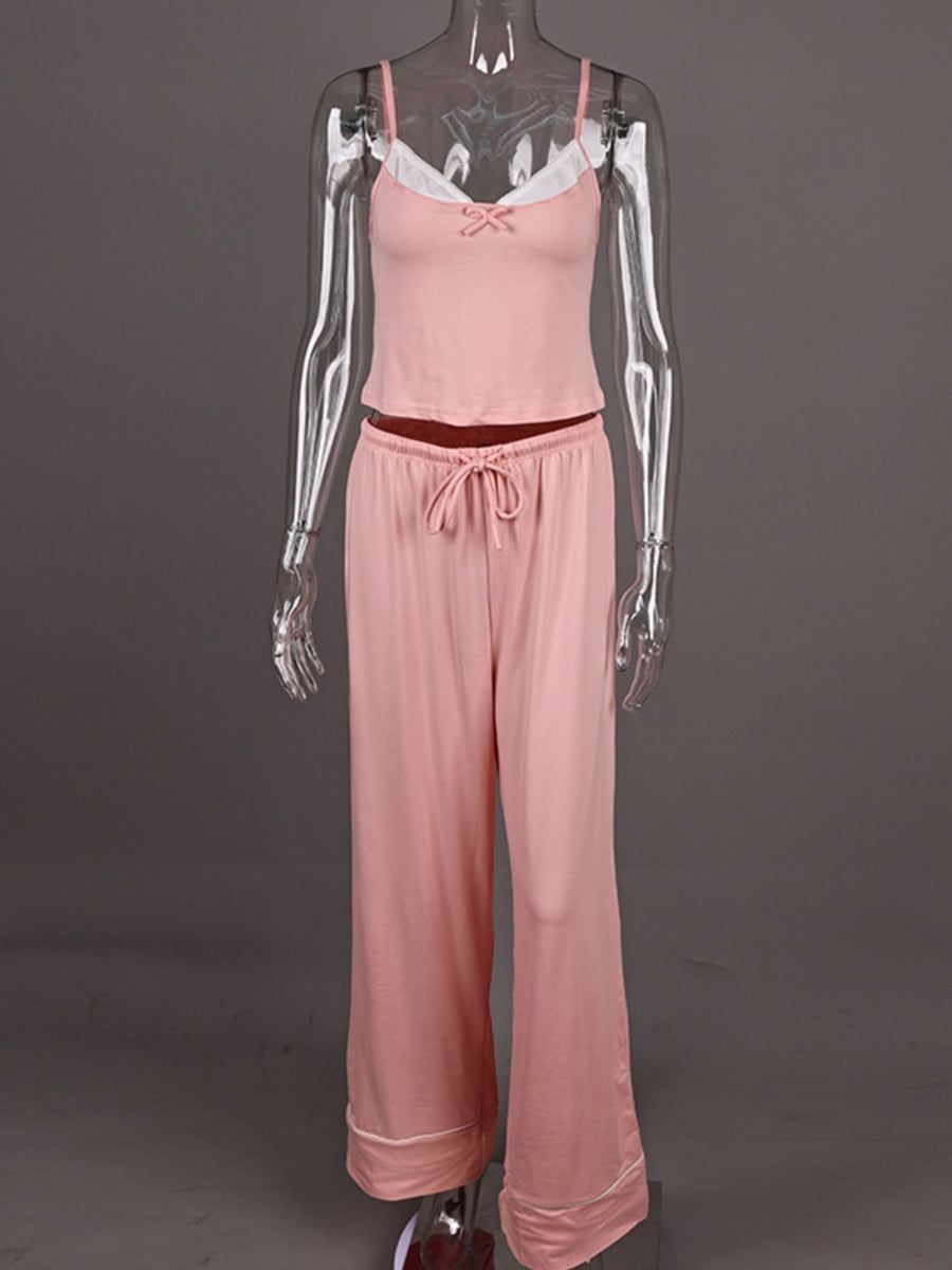 Pink lace trim cami and wide leg lounge pants set with bow detail