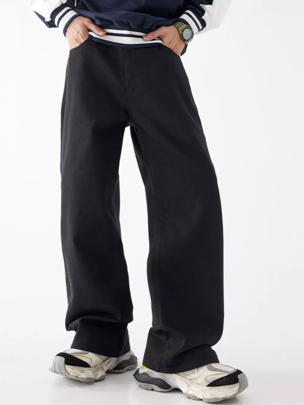 White Men's Wide Leg Jeans With Pockets