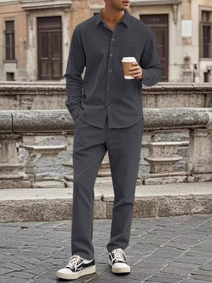 Navy Blue with Men's Full Size Button Up Long Sleeve Shirt And Pants Set
