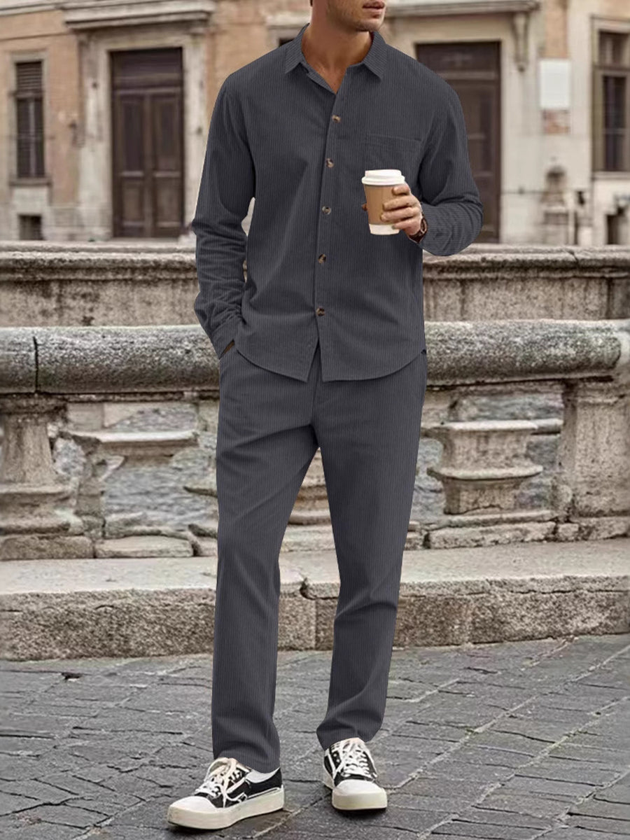 Navy Blue with Men's Full Size Button Up Long Sleeve Shirt And Pants Set