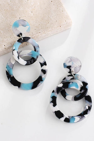 Blue and black marbled hoop earrings with round studs