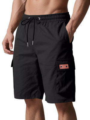 Black adjustable cargo shorts with drawstring waist and side cargo pocket detail.