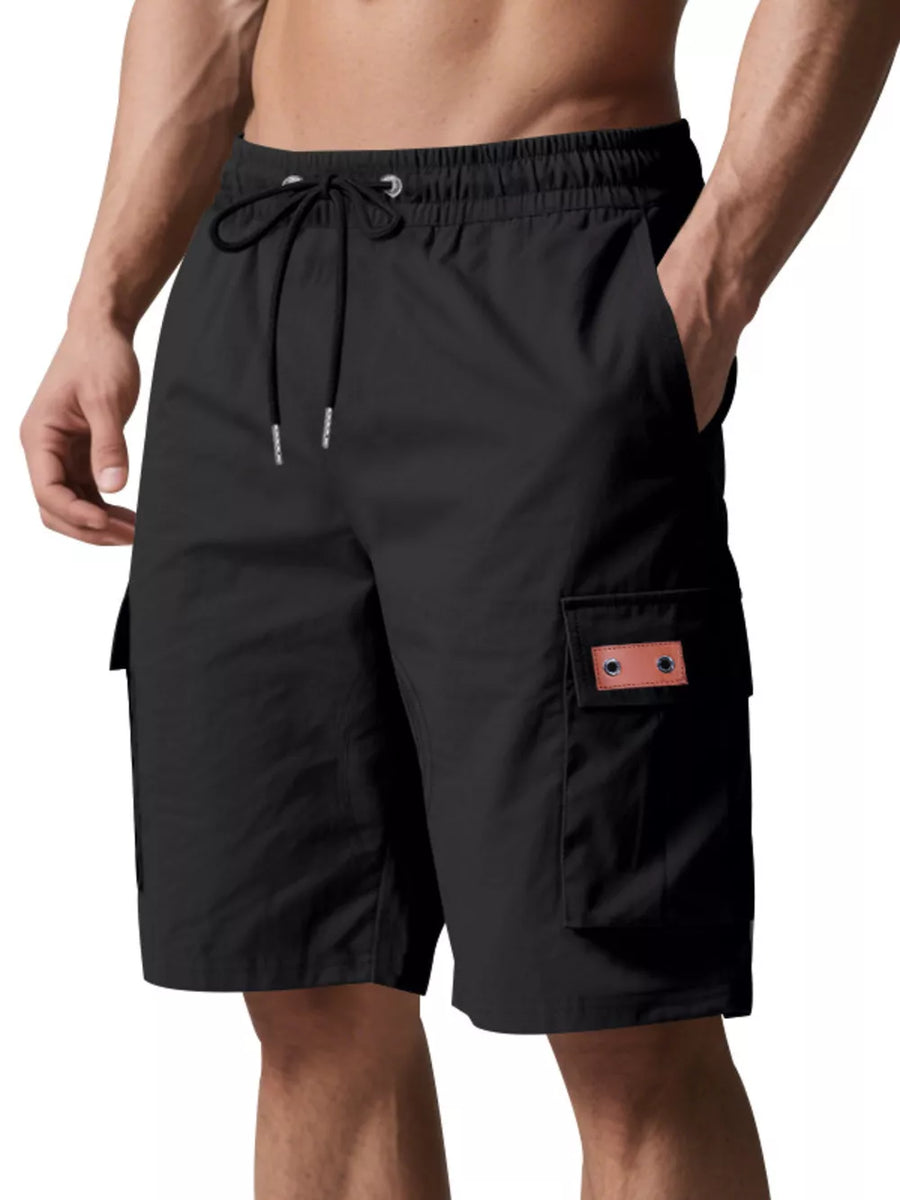 Black adjustable cargo shorts with drawstring waist and side cargo pocket detail.