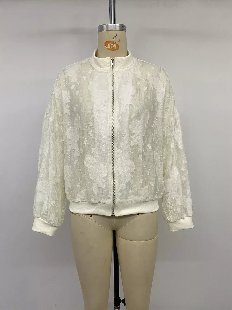 Jacquard Zip Up Long Sleeve Jacket in Apricot with zipper