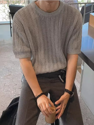 light gray t-shirt with ribbed knit and crew neck