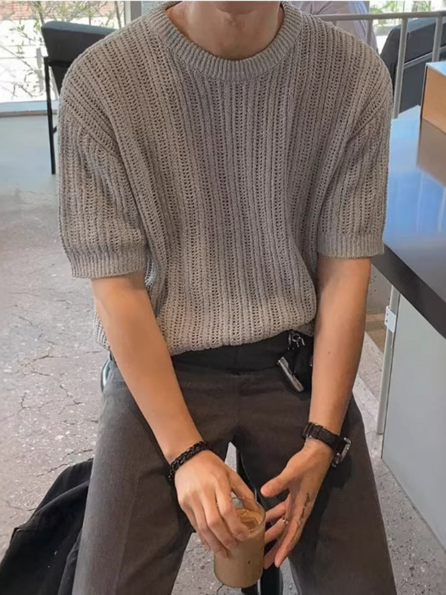 light gray t-shirt with ribbed knit and crew neck