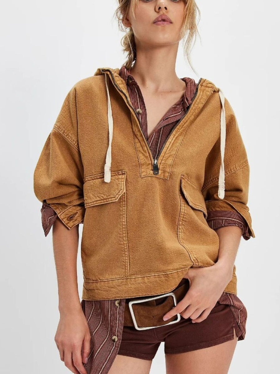 Navy hoodie with hip-length and half-zip