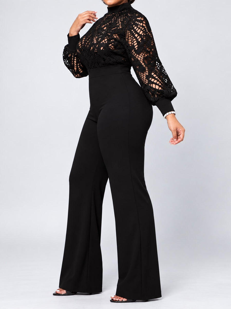 Full Size Lace Lantern Sleeve Flare Jumpsuit in Blue with openwork