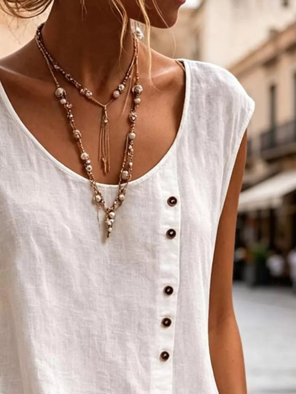 Green Round Neck Decor Button Tank Plus Size