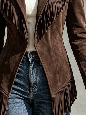 Western-Inspired Fringed Open Front Jacket in camel