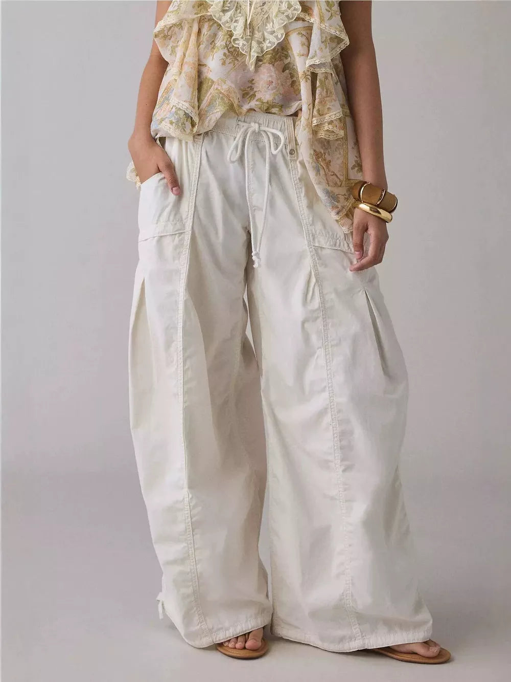 Blue cargo pants with full-length and drawstring
