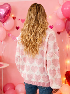 White Brown pullover sweater featuring dropped shoulder and heart-print