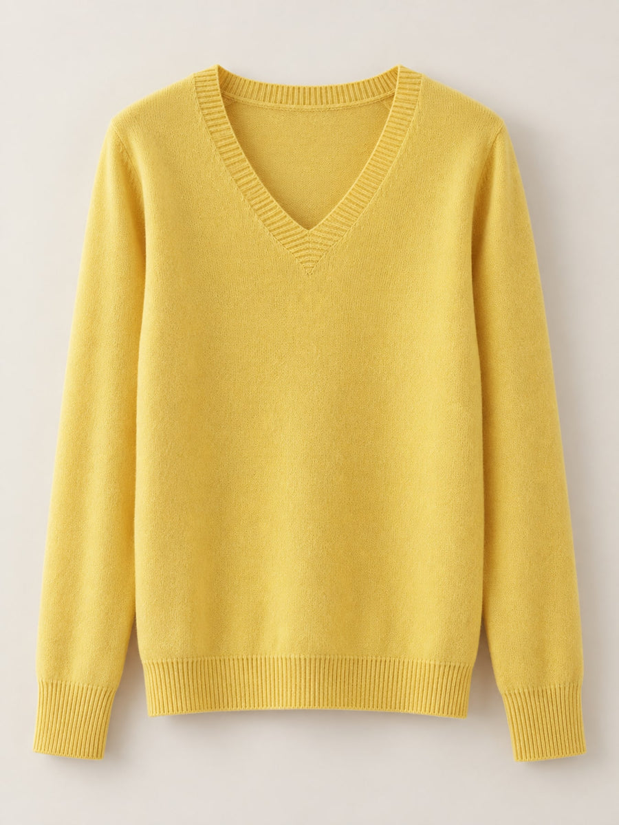 V-Neck Solid Color Sweater in Light Camel with lightweight