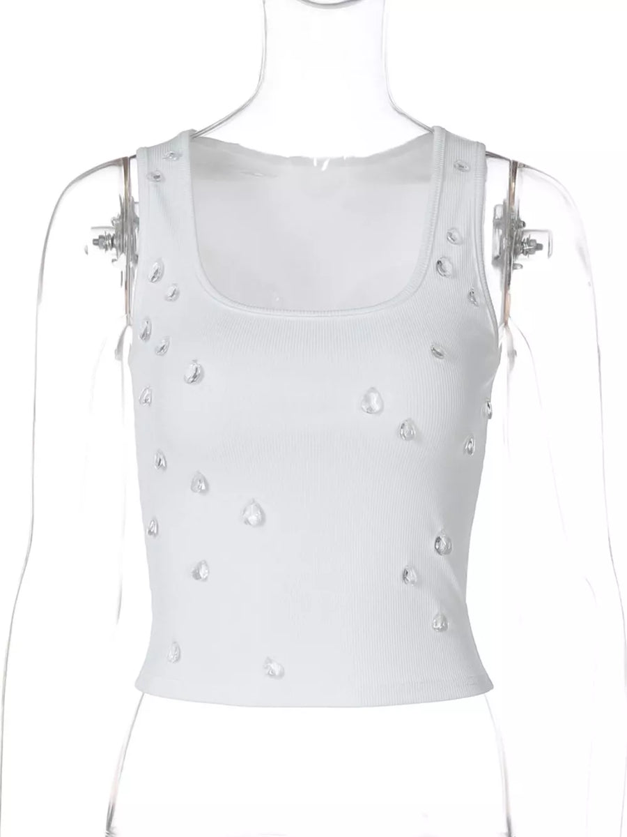 White ribbed cropped tank top with scattered rhinestones and square neckline.