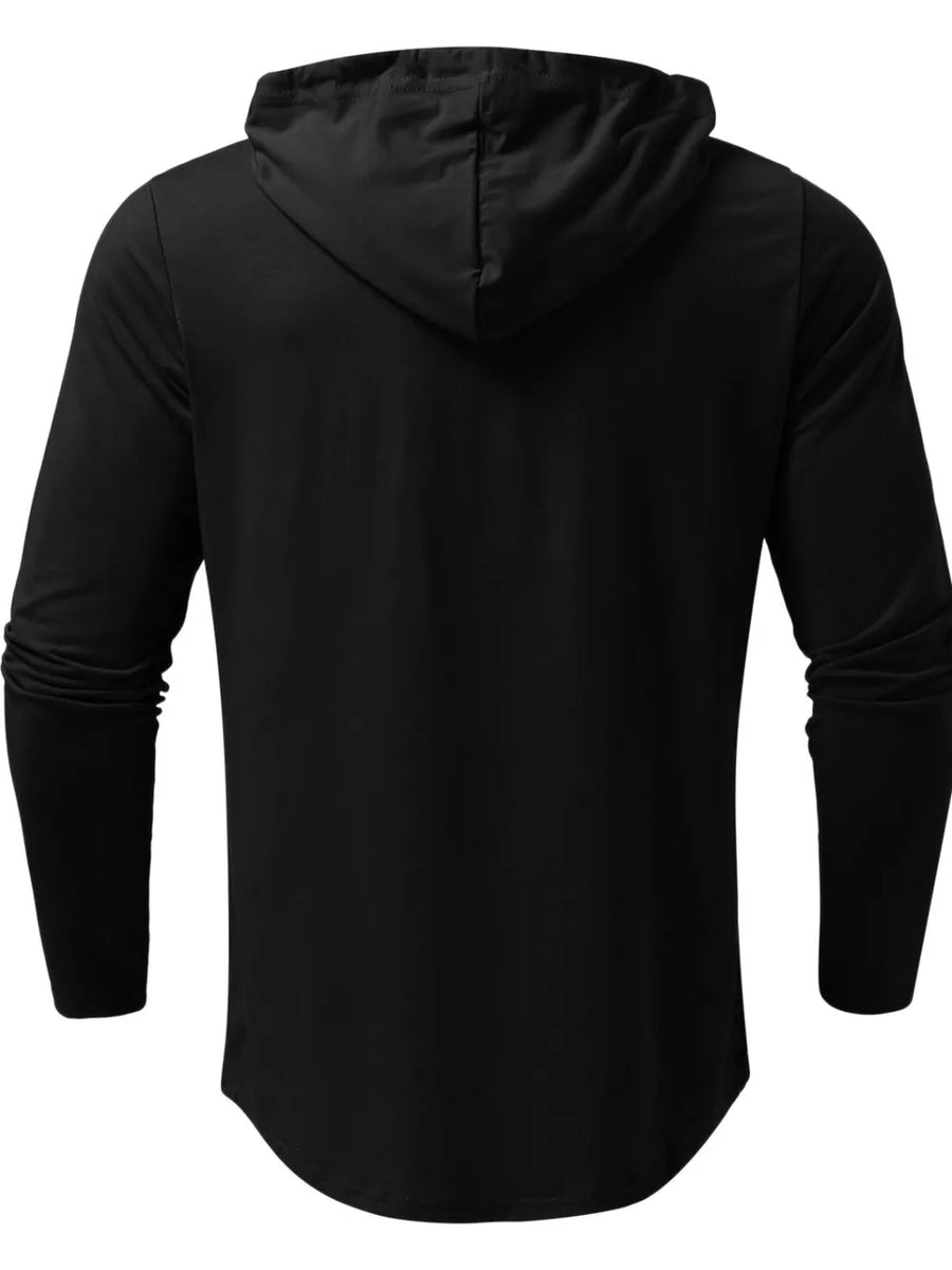 Black henley hooded tee with long sleeves and curved hem