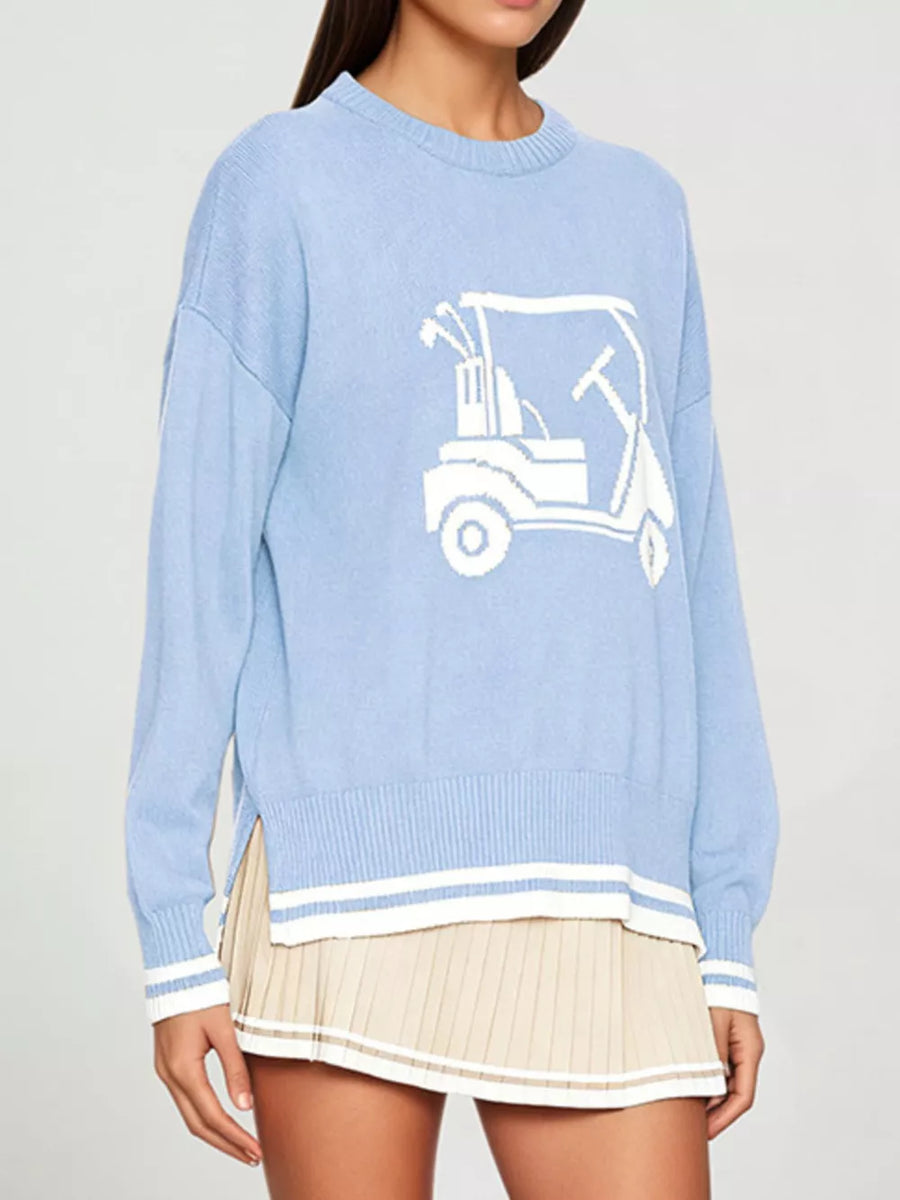 white pullover sweater featuring ribbed and graphic