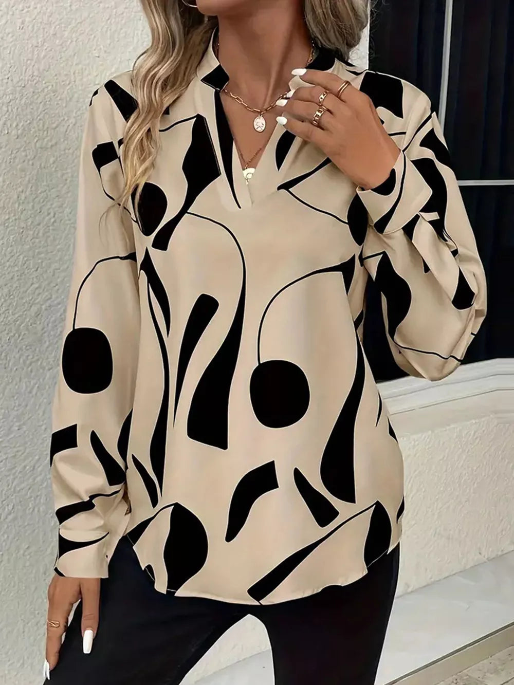 Abstract Print Notched Long Sleeve Blouse in Beige