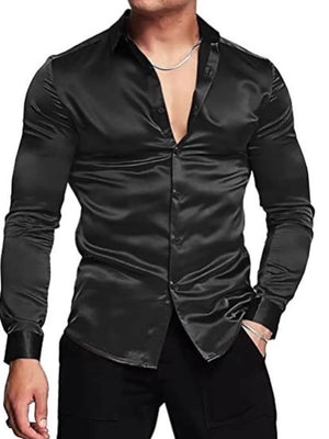 Black satin finish slim fit button-down shirt with a deep V-neck and long sleeves.