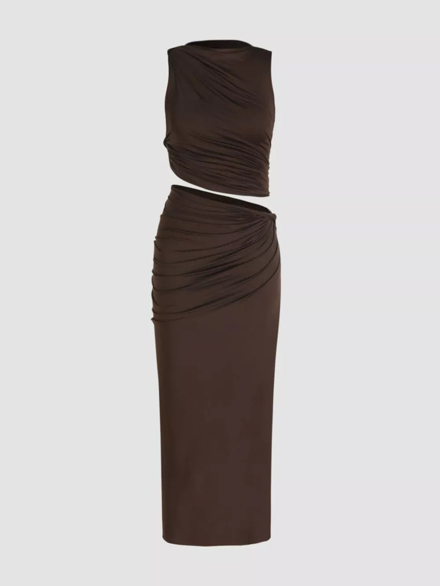 Asymmetrical Ruched Knit Top And Skirt Set in Black