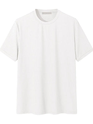 White ribbed crewneck t-shirt with short sleeves and a textured vertical stripe pattern.